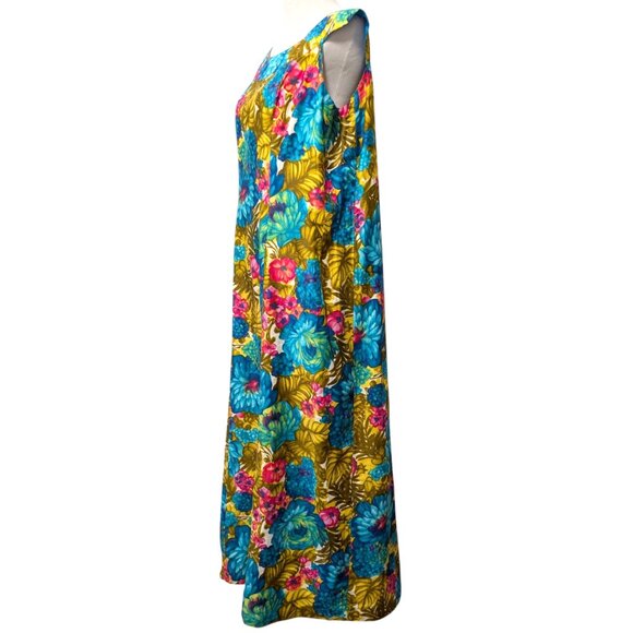 Vintage South Seas Womens Sz L? Bright Floral Aloha Sleeveless Cotton Maxi Dress - Picture 3 of 11